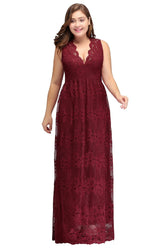 A-Line V-neck Floor Length Sleeveless Plus size Lace Burgundy Evening Dresses